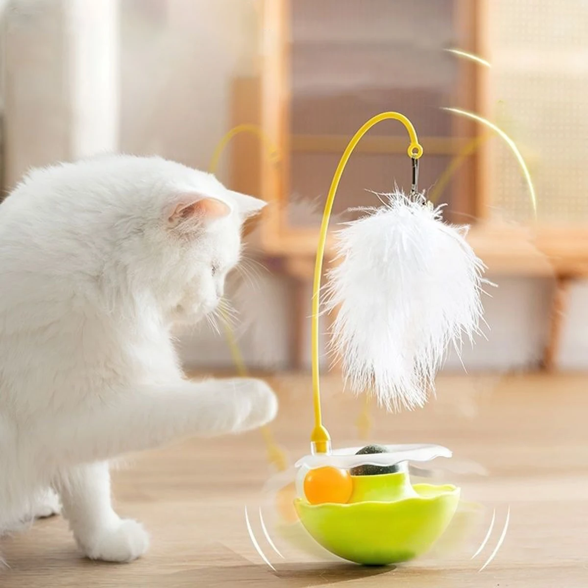 Interactive cat rolling toy ABS base with feather rolling ball anti tipping design for cat play toy