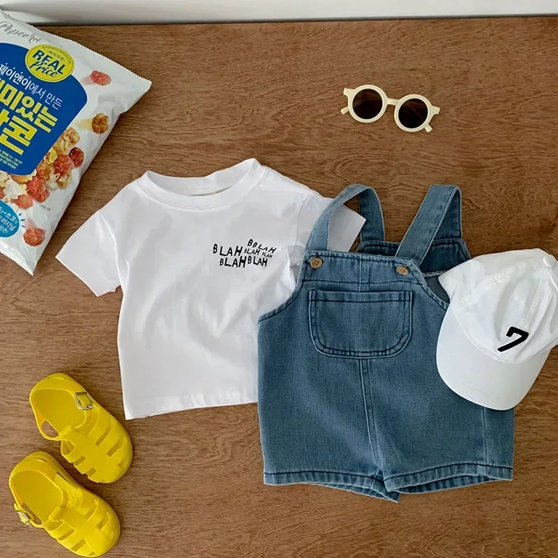2024 Summer Baby Clothing Set Toddler Girls Clothes Suit Infant Tee and Denim Overall  Boys Outfit 6