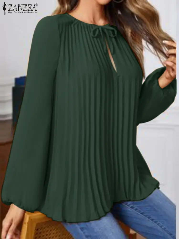 

2023 Autumn Long Lantern Sleeve Tops ZANZEA Oversize Women Solid Blouse Fashion Bowtie Neck Shirt Casual Hollow Out Pleats Blusa