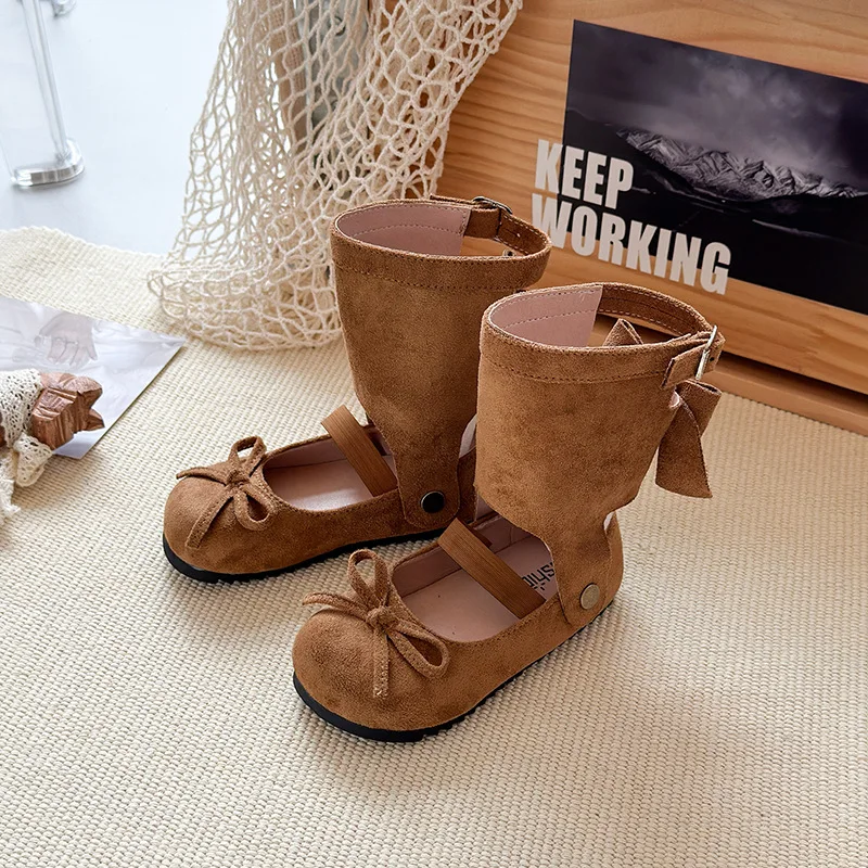 Girls Princess Boots Removable Sweet Kids Leather Boots with Simple Bows 2025 Autumn New Children Casual Fashion Boots Soft Sole