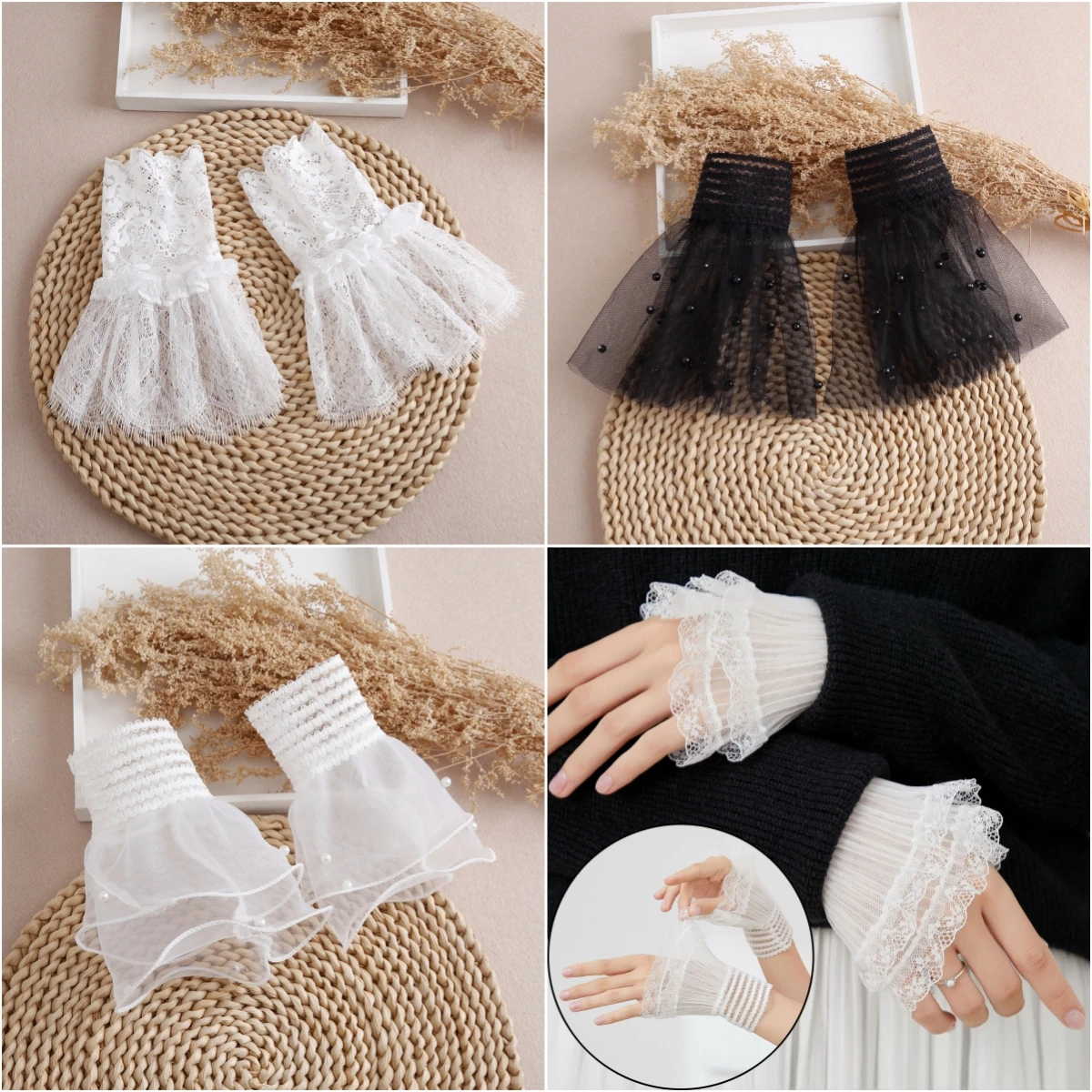 Mancommuniste élastiques universelles en gaze pour femmes, chemisier amovible, chauffe-poignet, faux poignets en dentelle, manches de chandail, 1 paire