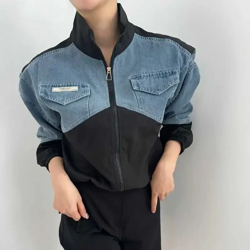 Fall Korean Retro Patchwork Color Block Loose Long Sleeve Denim Jacket Coat Women's Style AE Origin China Long Coat Jacket