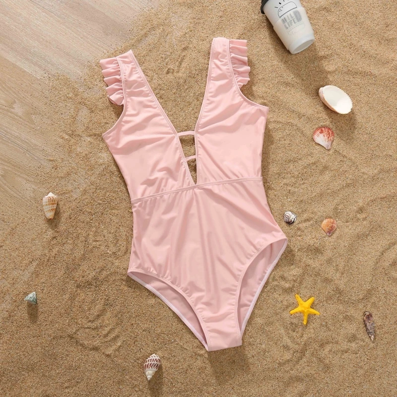 Mom and Daughter Matching Clothes 2025 Summer Women Girls One-Piece Suit Swimwear Ruffles Holiday Beachwear High Waist Swimsuit 3