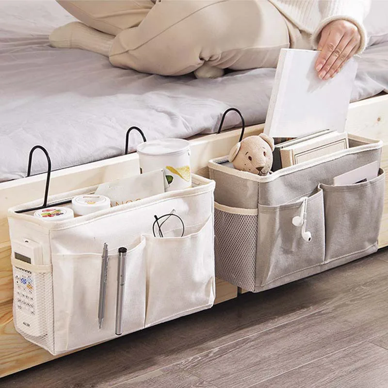 Multifunctional Bedside Sofa Hanging Storage Bag, Fabric Hanging Basket Bedside Shelves for Dormitory and Apartment Storage 4