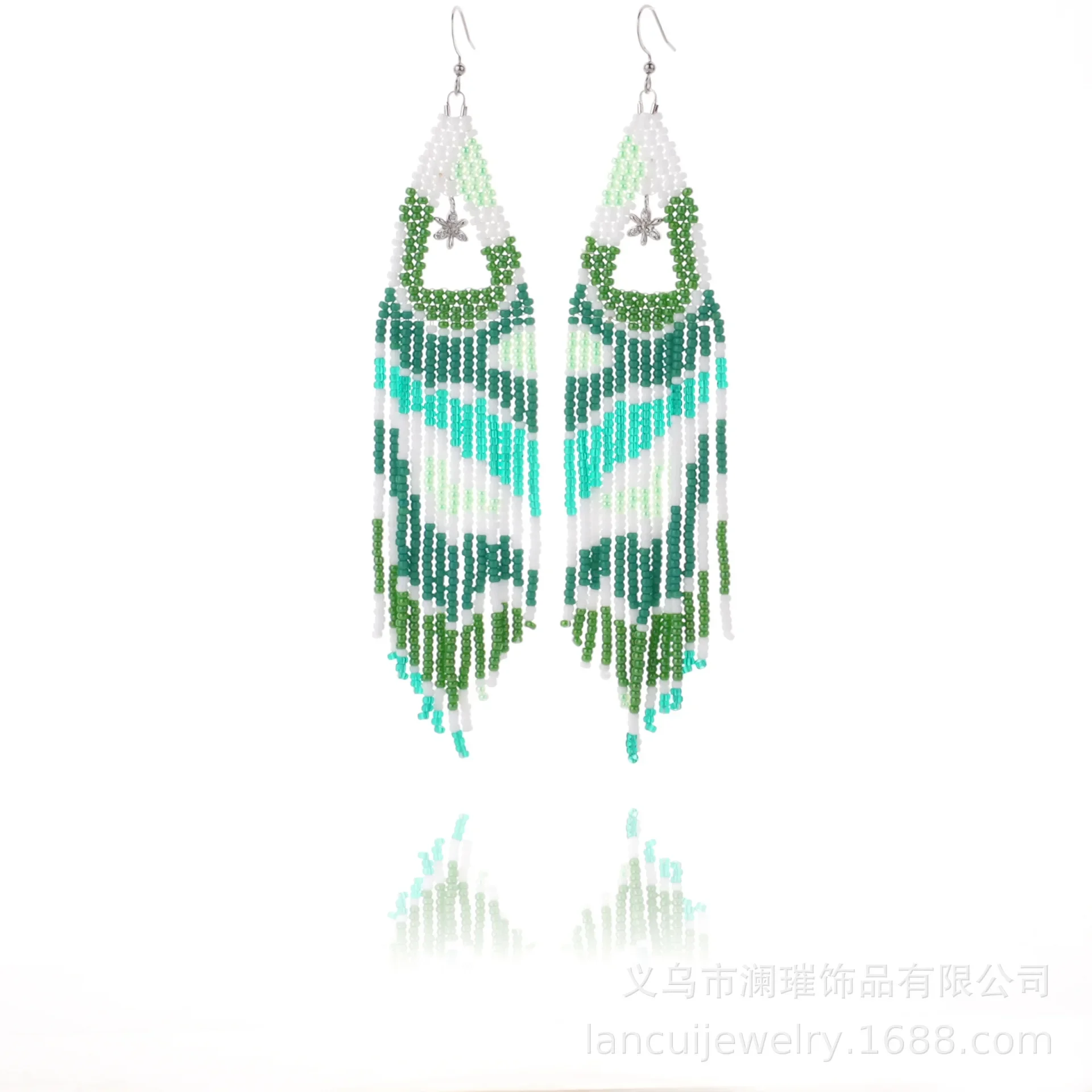 

Fringed earrings Hand woven geometry fashion Water droplet Hollow out Beading Bohemia alloy ma'am Rice bead earrings