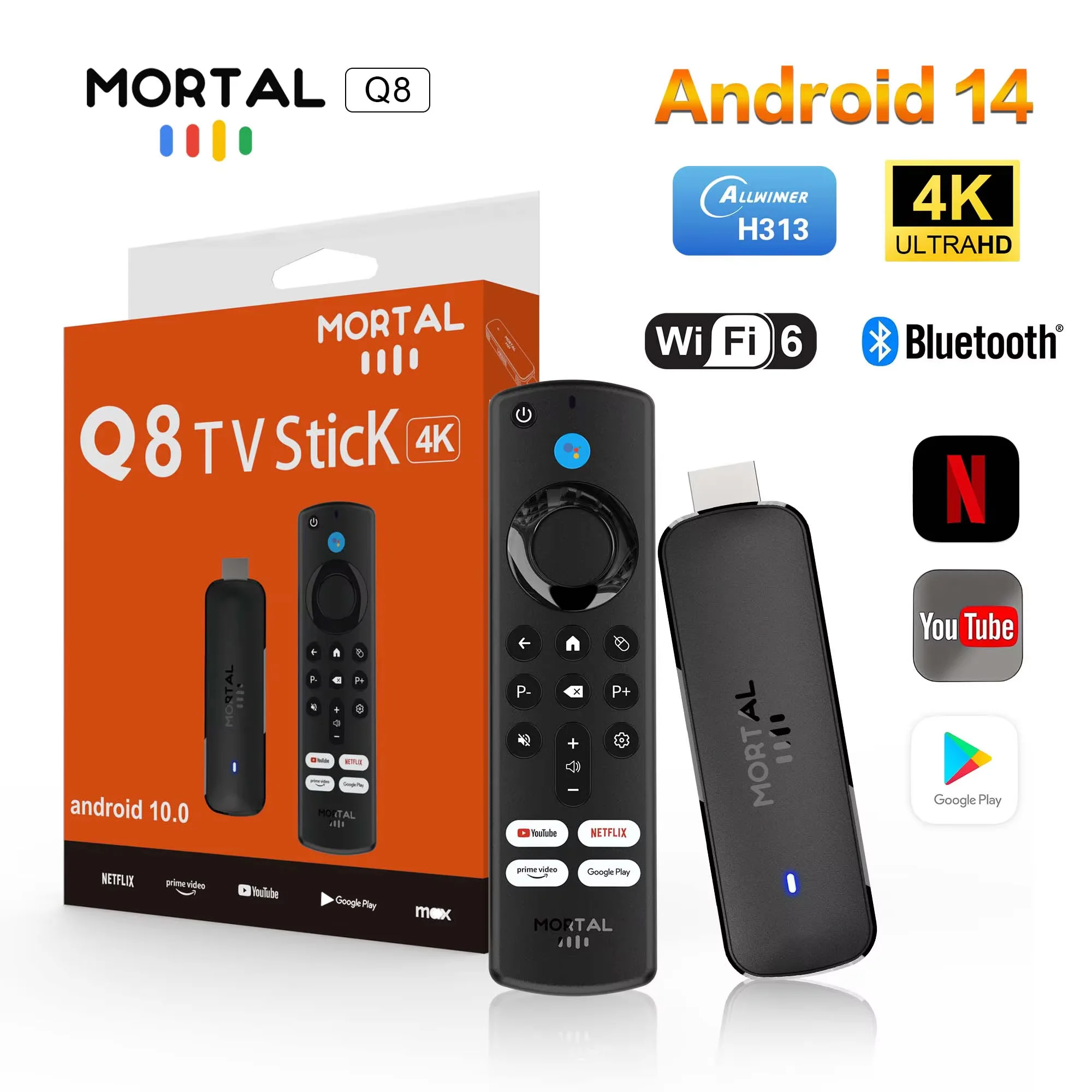 TV Stick Mortal Android 14 TV Stick Full HD 4K 1080P WiFi 6 Google Voice NETFLIX Youtube Q8 BT5 24Fps Wireless Video Decode Media Player