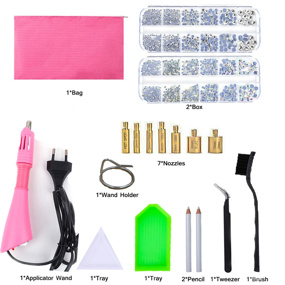 Hotfix Stone DIY Hot Fix Rhinestone Applicator Wand Setter Tool set  ,Tweezers & Brush Kit & Glass Crystal Rhinestones