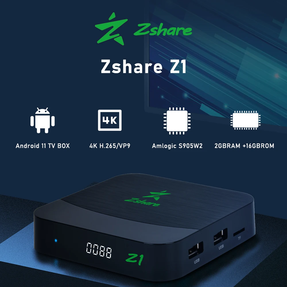 

Zshare Z1 Android 11 TV BOX HW UHD 4K H.265/VP9 60fps 10-bit video decoder Amlogic S905W2 2+16G Built-in Wifi 2.4G 802.1.1b/g/n