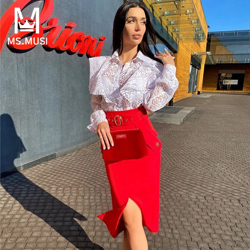 

MSMUSI 2023 New Fashion Women Sexy Lady Chic Slim Solid Color Button Bandage Party Club Bodycon Event Slit Midi Skirt With Belt