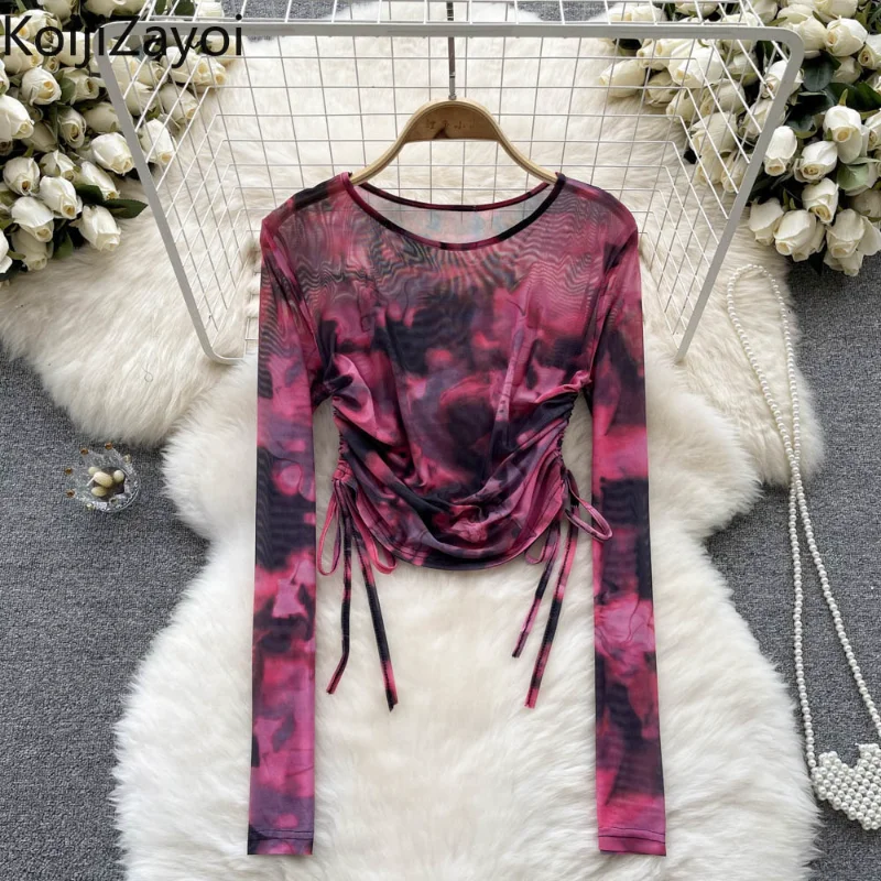 

Koijizayoi Vintage Women Long Sleeves Tees Shirt Tie Dye Lady Street Wearing Drawstring Thin Tees Tops Sexy Transparent T-shirts