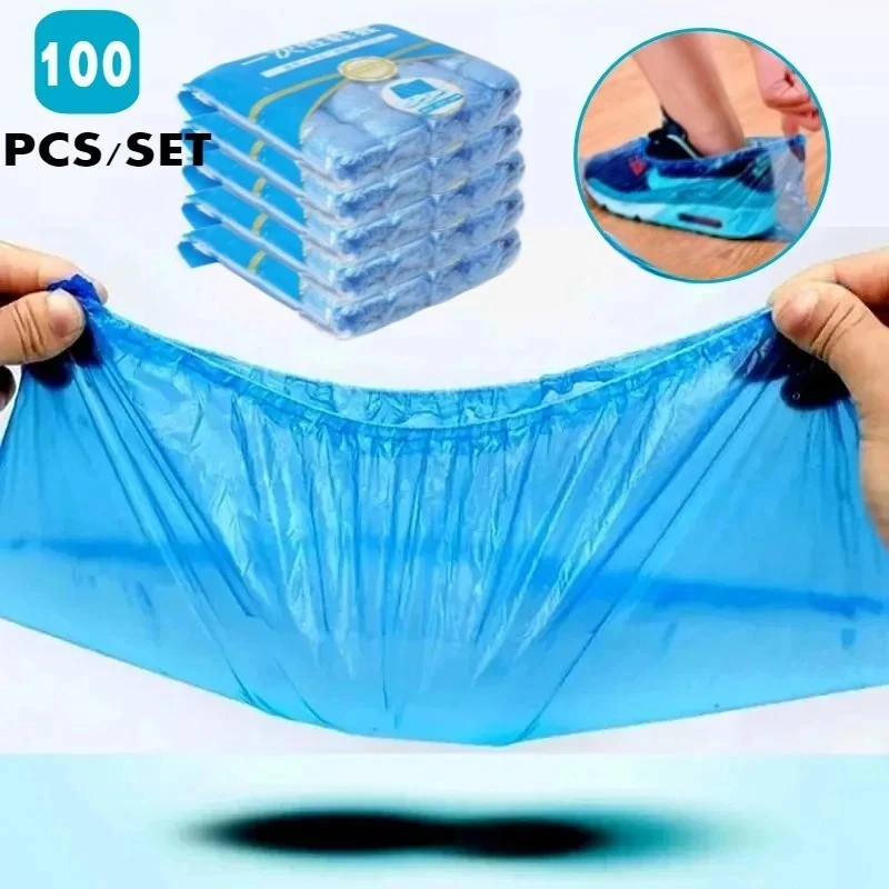 1Pack/100 Pcs Portable Waterproof Boot Covers Plastic Non-slip Wear Disposable Shoe Covers Overshoes Rain Shoe Mud-proof shoe covers