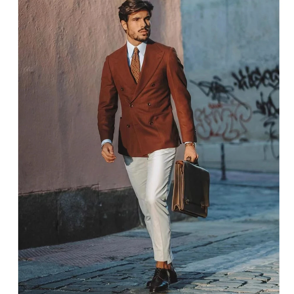 

Мужской деловой костюм из двух предметов, оранжевый повседневный деловой костюм с лацканами, двубортный приталенный костюм с жакетом и брюками, 2023