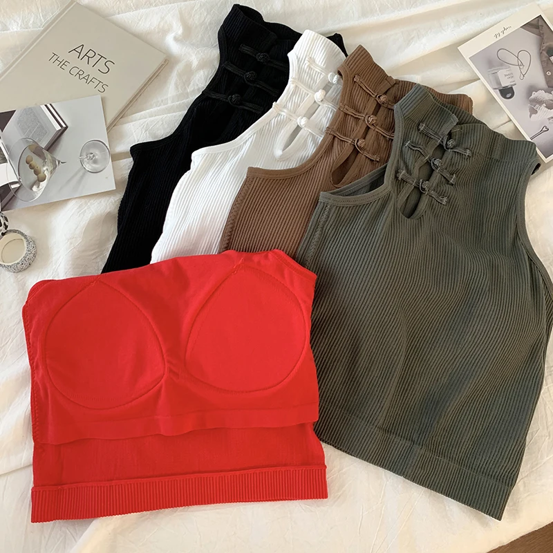 ITOOLIN Elegant Women Chinese Button Tank Tops With Bra Pad O-Neck Sleeveless Tank Tops For Women Sexy Crop Tops All-Match 2024