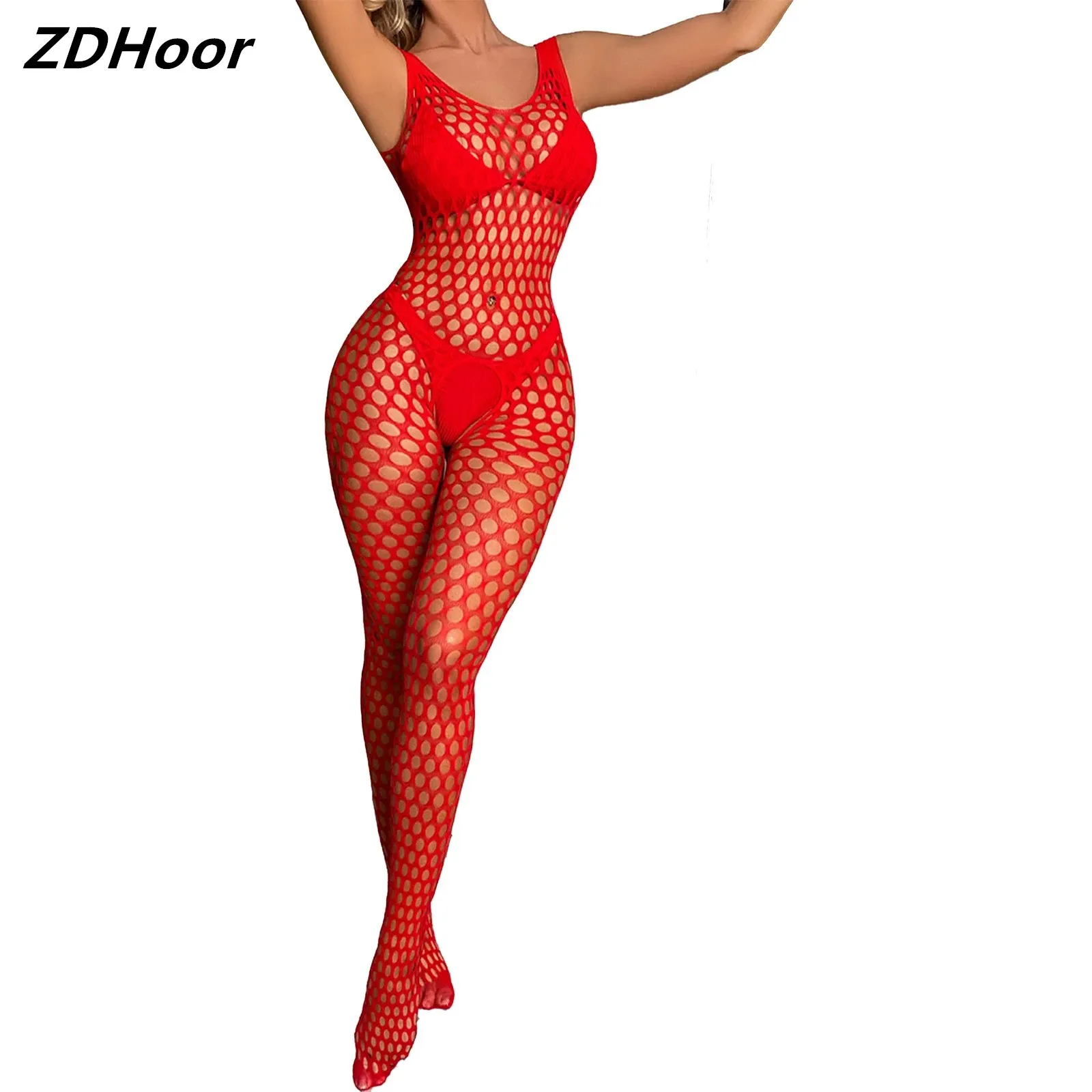 

Women Hollow Out Fishnet Bodysuit Crotchless Bodywear See-Through Sleeveless Unitard Bodysuit Lingerie Nightwear Sleepwear