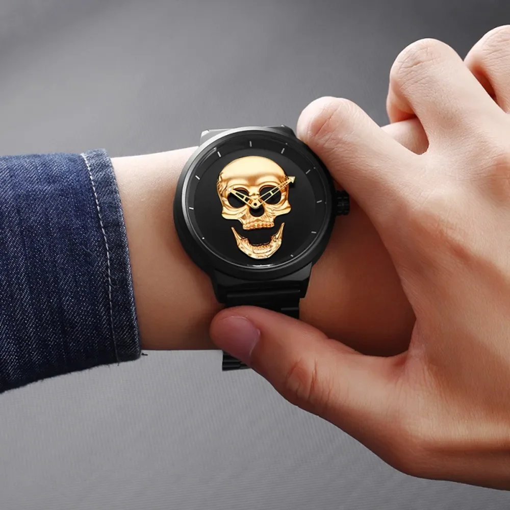 Men Watches Cool Punk 3D-Skull Stainless Steel Top Luxury Brand Sports Quartz Movement Waterproof Shockproof Male Wristwatches 5