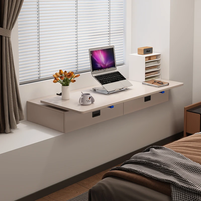 A bay window retractable desk with sliding rails, lockable and pull-out computer desk, study desk, modern bedroom storage