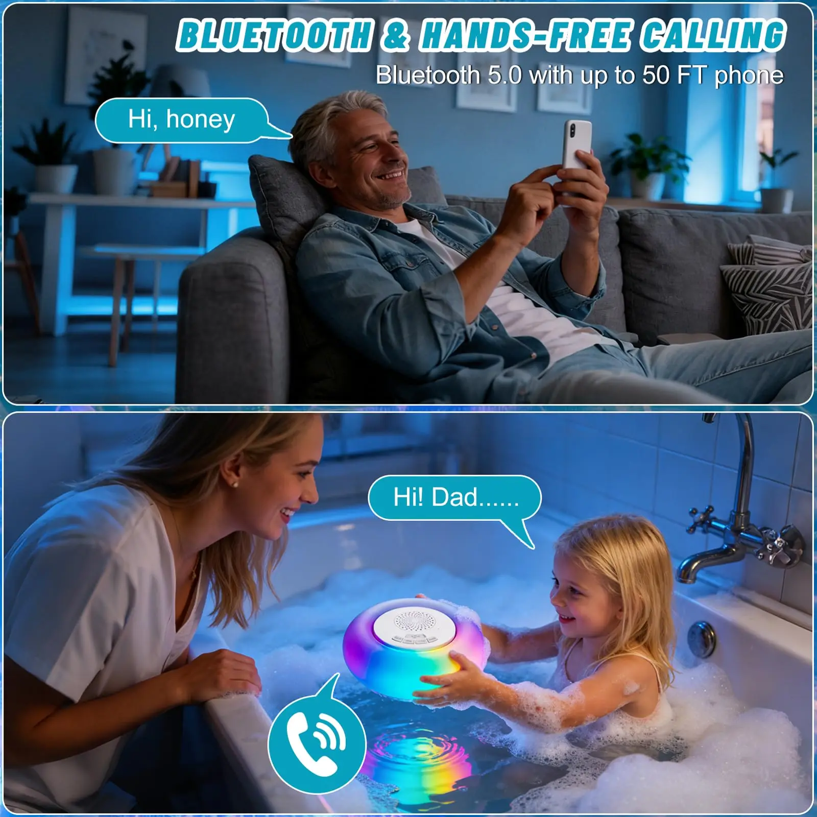 블루투스 스피커가 포함된 플로팅 풀 조명 2팩, IP68 RGB LED 2-in-1, 360 ° 수영장 스파 야외 파티를 위한 서라운드 사운드