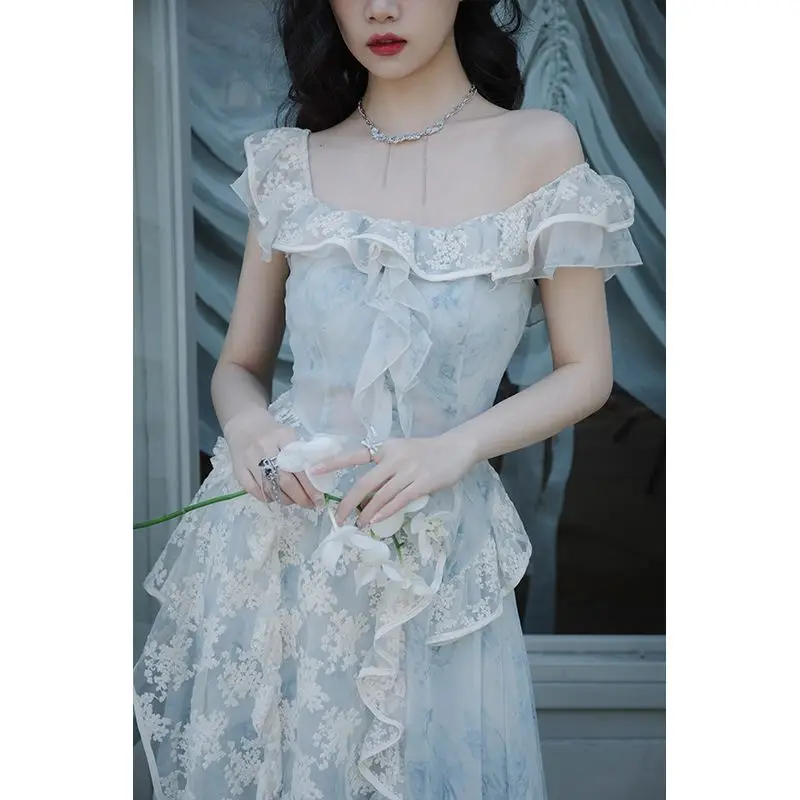 

Новинка лета 2023, милое платье во французском стиле для девочек с принтом, костюм из двух предметов с тонкой талией и суперкрасивым цветком, длинная юбка