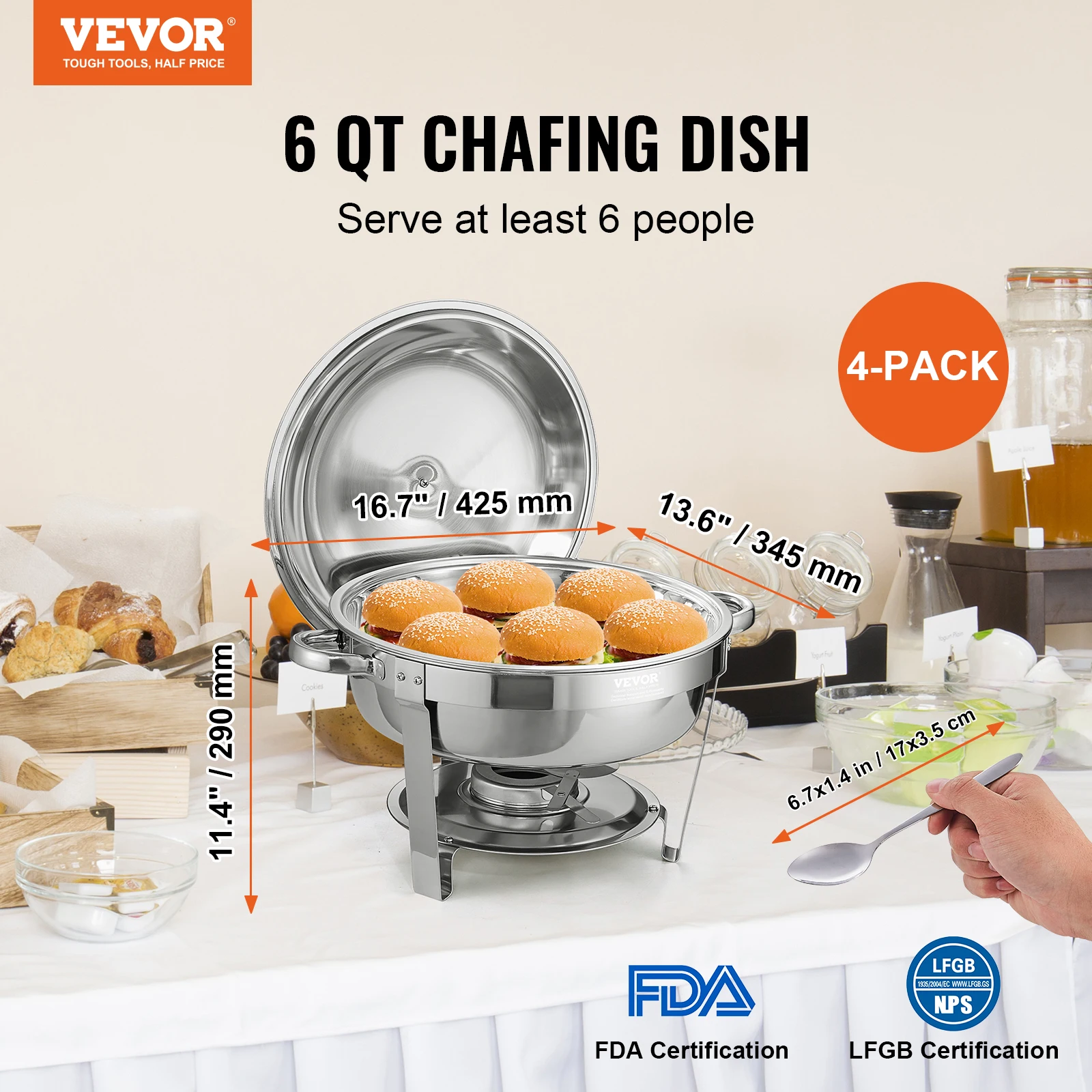 6 Qt 4 Pack Round Chafing Dish Buffet Set Stainless Steel Catering Warmer Server with Lid Water Pan chafing dish
