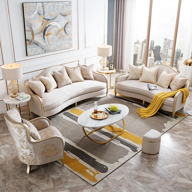 

European style light luxury sofa living room simple ins wind fabric sofa modern small-sized solid wood sofa