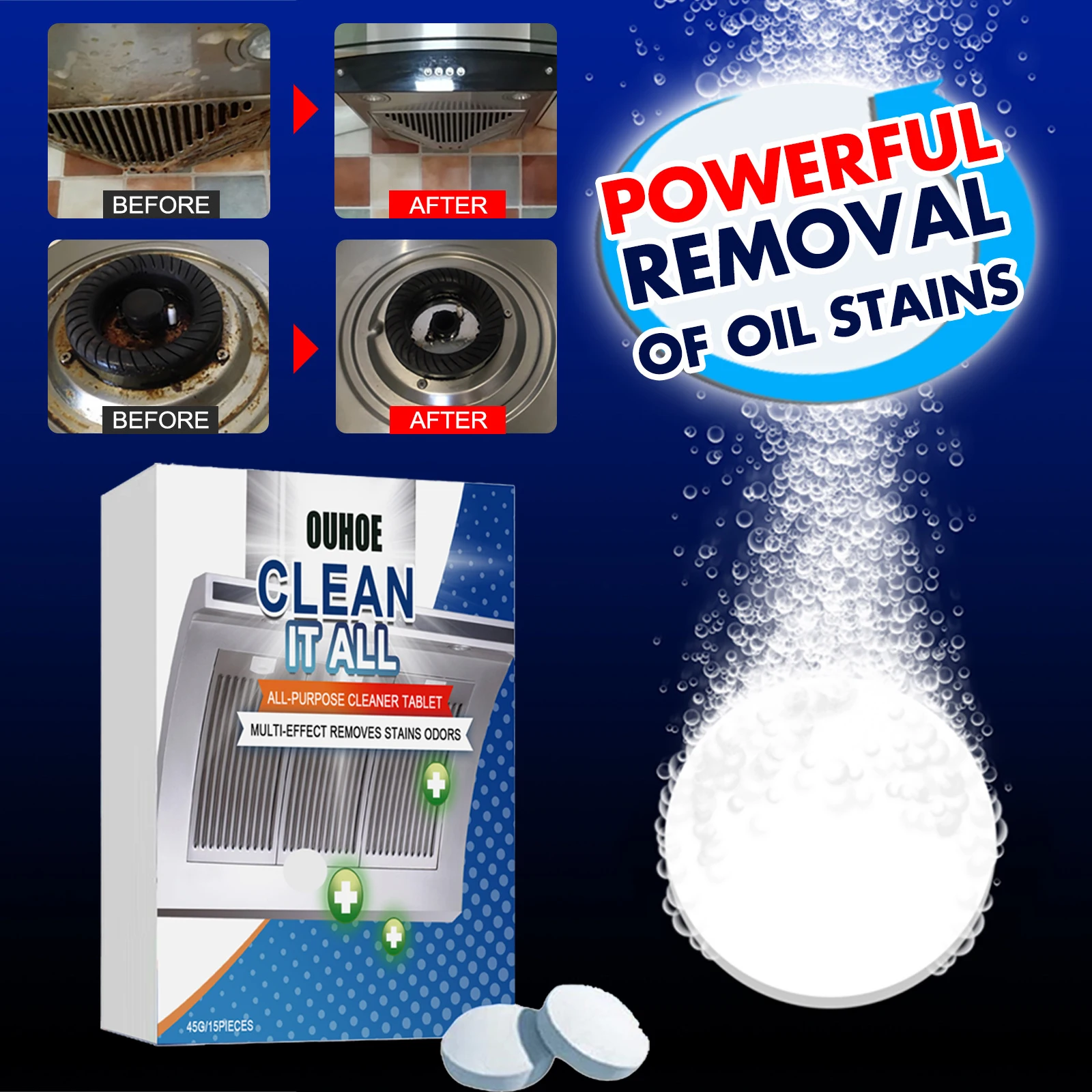 Effervescent tablet kitchen heavy fat cleaner, oil stain removal solid cleaner household kitchen range hood oven cleaning