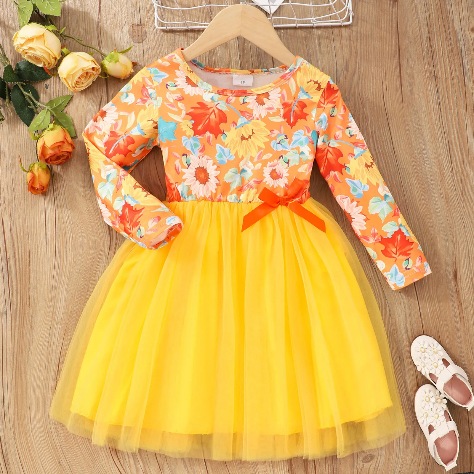 

Autumn Toddler Girls Tulle Dress Long Sleeve Floral Prints Bowknot Casual Princess Dress Party Mesh Dresses Halloween Clothes