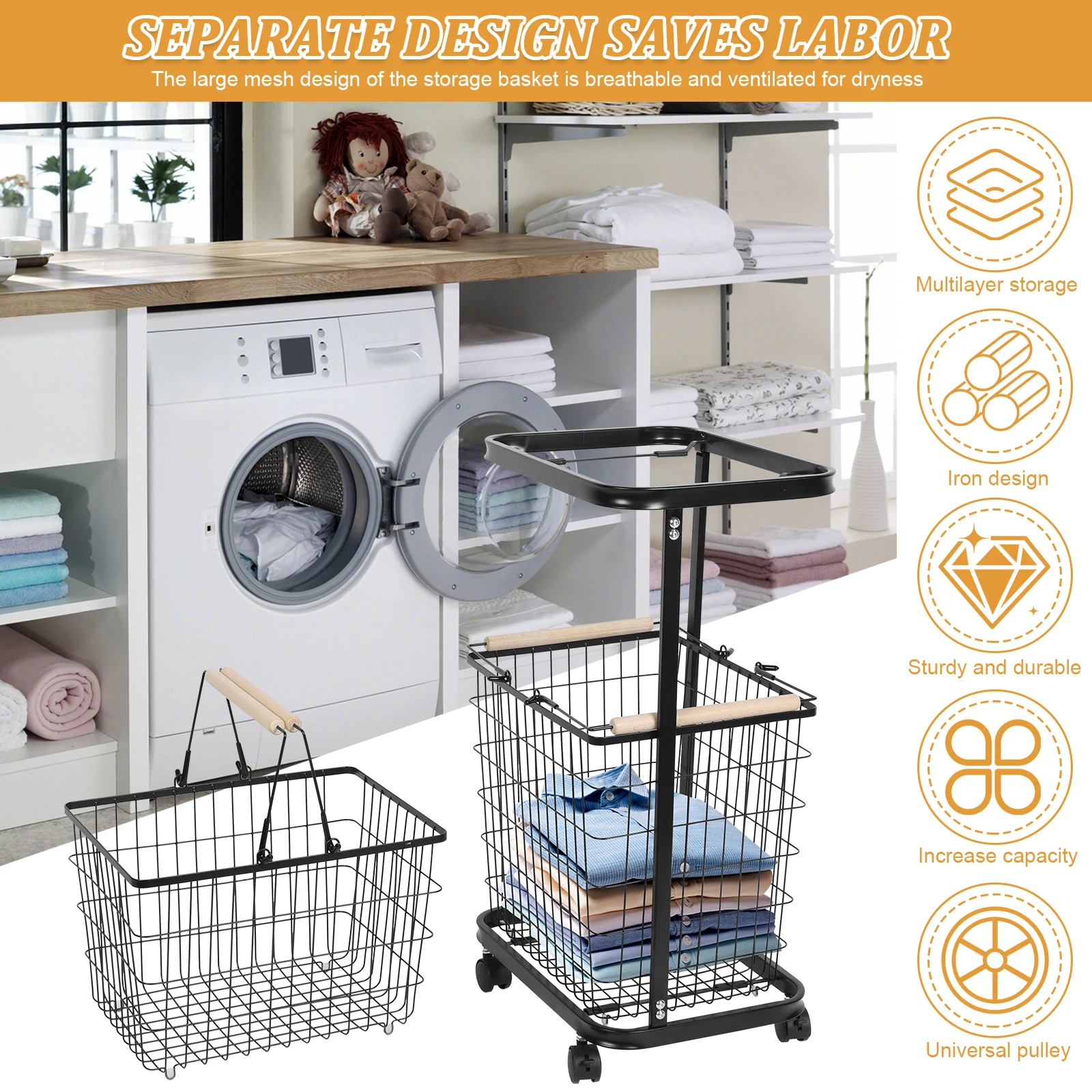 2 Tier Metal Storage Cart with Wheels Wire Laundry Hamper Cart Laundry Hamper Trolley for Laundry Room Bathroom Bedroom