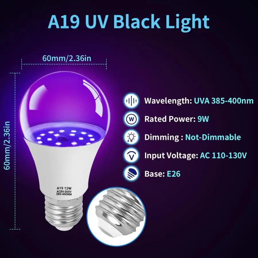 Black light bulbs 2 Pack LED black lights bulb 12W E27 glow in the dark for blacklights party body paint fluorescent poster UVA level 395-400nm