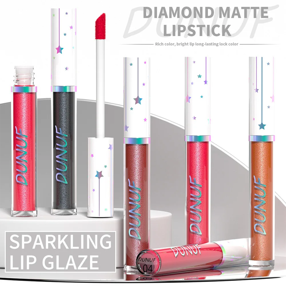 DUNUF 6-Piece Liquid Glitter Lipstick Set - Glossy Finish, Long-Lasting Waterproof Lip Stain in Mixed Color System, Orange, Pink 6