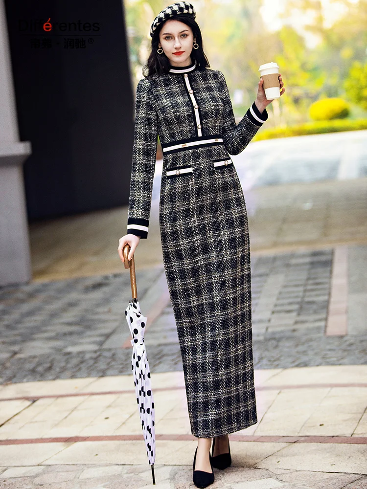 Autumn Winter Wool Dress Office Lady Plaid Straight Dress Luxury