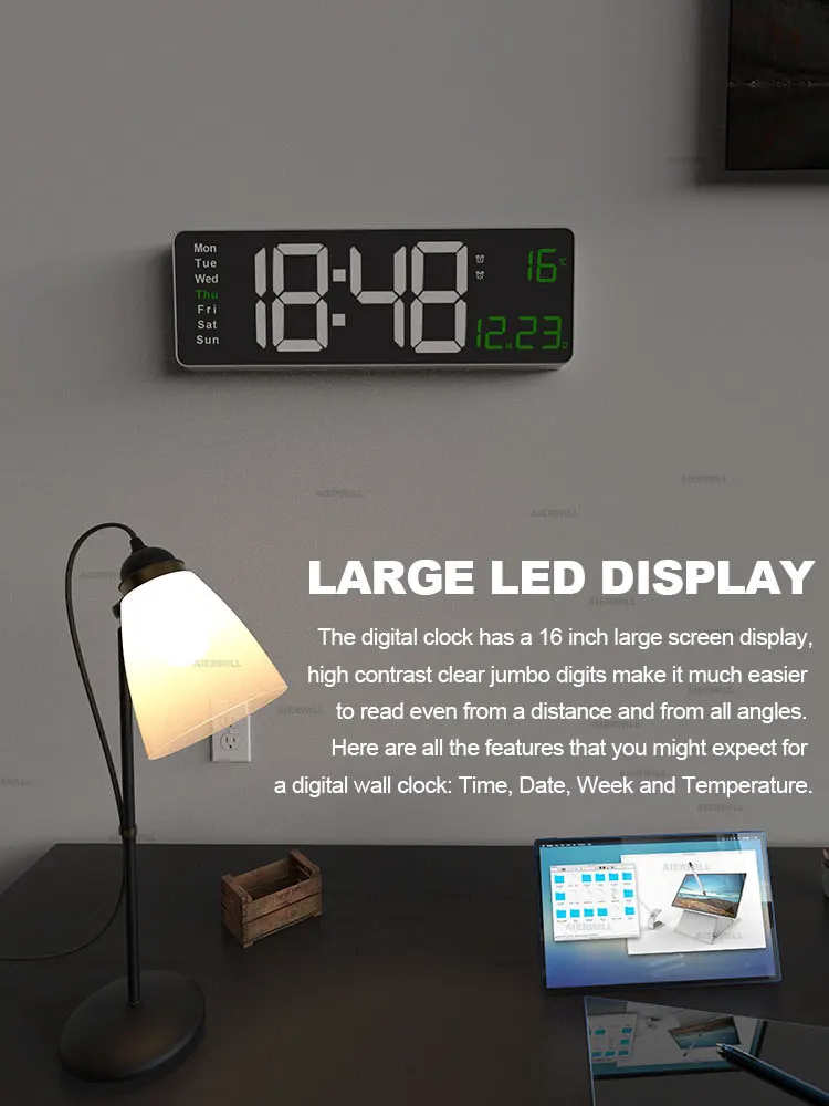 Aierwill N6 Digital Wall Clock 16inch Large Alarm Clock Remote Control Date Week Temperature Dual Alarms LED Display wall clock digital wall clock