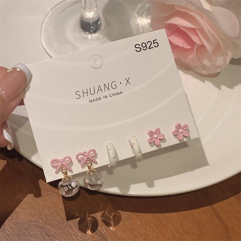 Pink Ceramic Ears Stud Earrings Set Korean Style Heart Flower for Women Colorful Earring for Girls Cute Elegant Party Jewelry