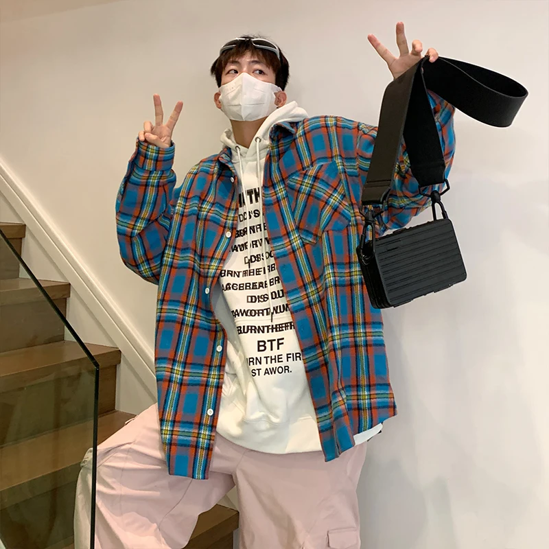 

Men's Vintage Plaid Shirts Korean Chic Oversize Shirts Blouse Loose Trendy Tops Single Breasted Long Sleeved Harajuku Blue Shirt