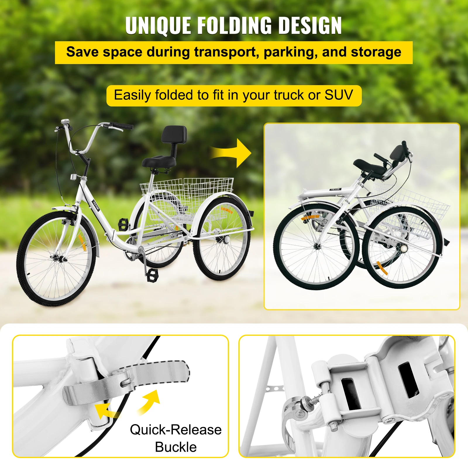 24 inch Folding Adult Tricycle 3 Wheel Trike Bike 1/7 Speed High-Carbon Steel Cargo Trailer Pet Cart Outdoor Travel