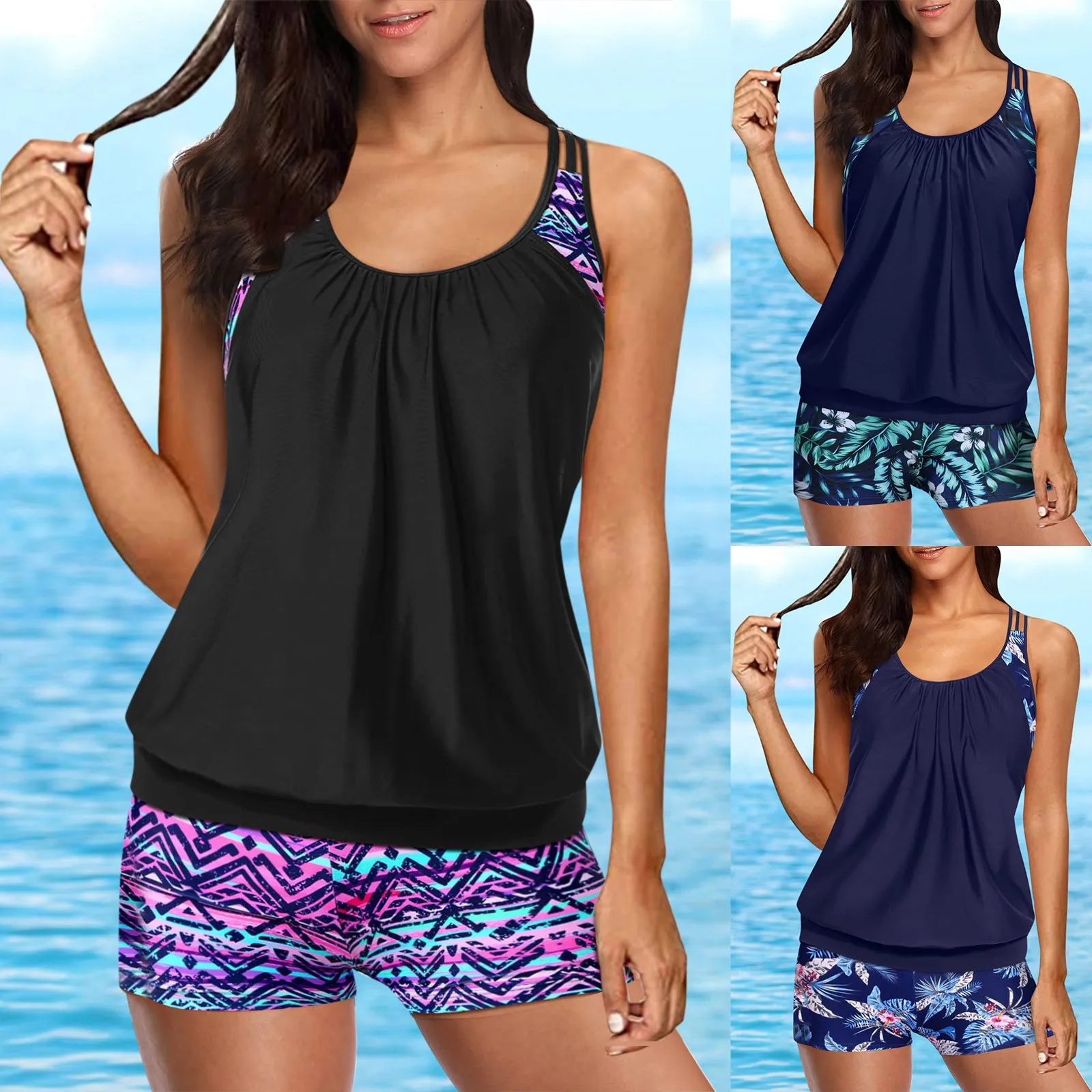 Two-Piece-Tankini-Bathing-Suits-T-Back-Blouson-Sporty-Swimsuits-for ...