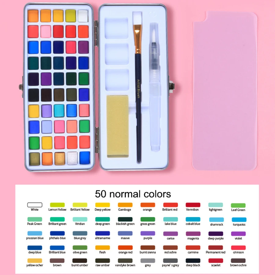 Ginflash 50 Normal Colors Solid Watercolor Paints Painting Set Cotton Paper Portable Outdoor Pigment Gift Water Color Set