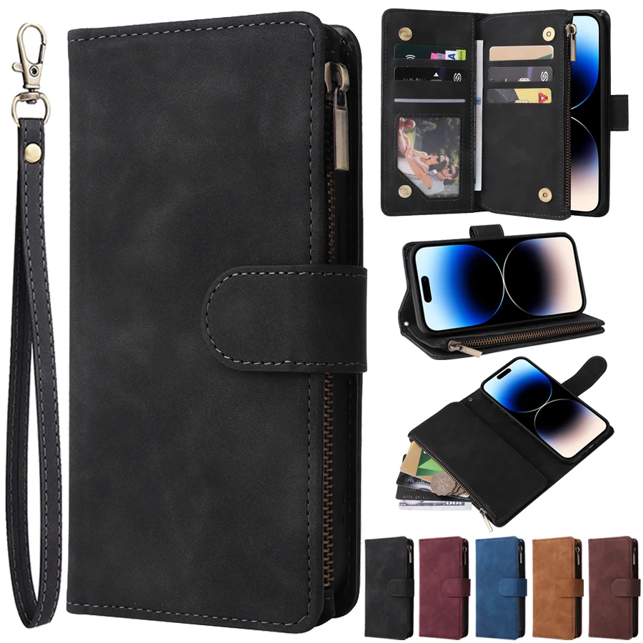 Zipper Leather Wallet Case For iPhone 14 15 Pro Max 13 12 11 XR 7 8 Flip  Cover