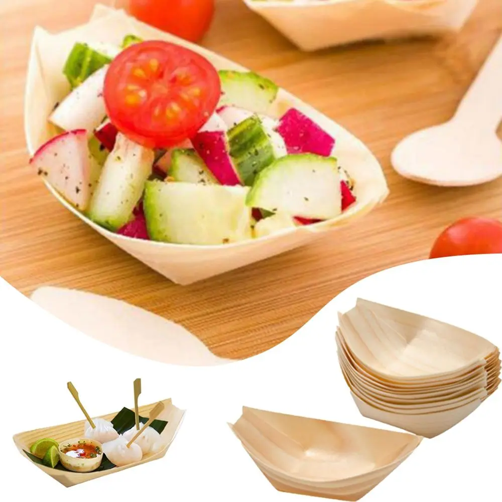 50pcs Wooden Boat Shape Plates Disposable Salad Dessert Pine Cake Snack Serving Bowl Natural Bamboo Sushi Food Plate Tray,party tableware