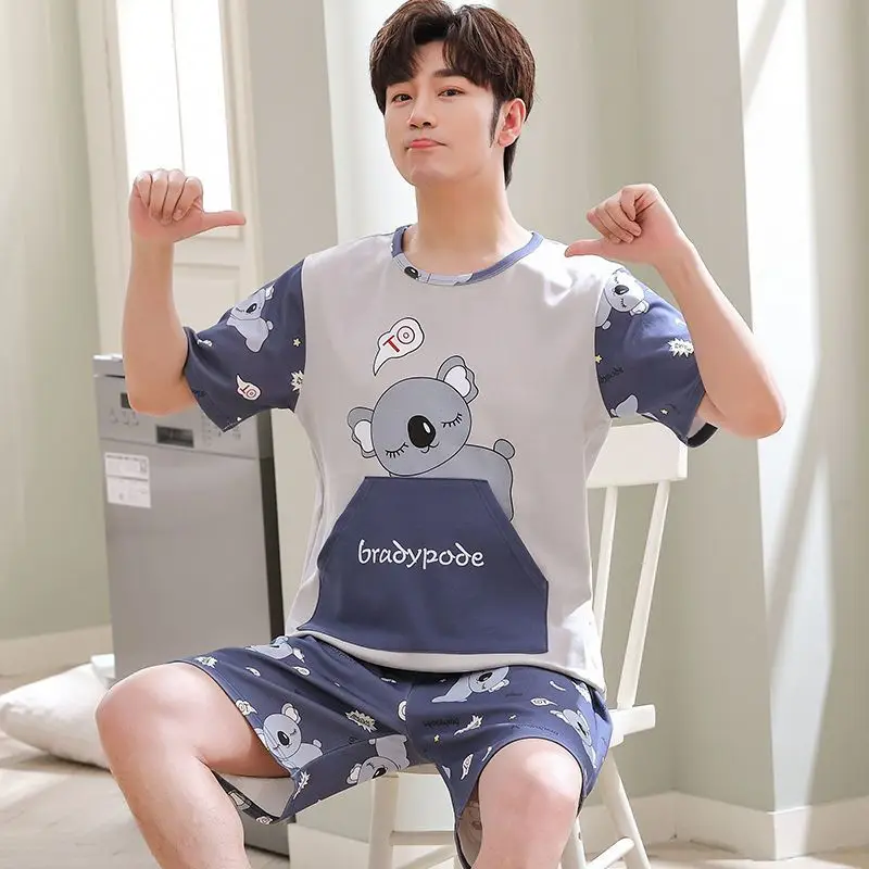 Mens Pajamas Set 2 Pieces Home Clothes Short Sleeve Loungewear Anime Hombre Pijama Young Boys Sleepwear Home Nightgown 4XL