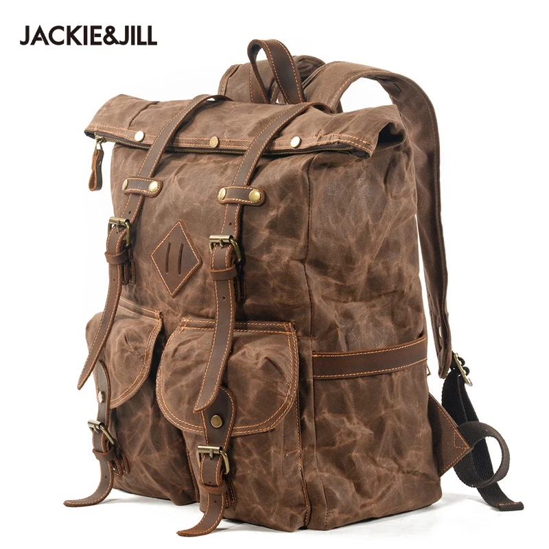 

Jackie&Jill Men's Dual-Shoulder Bag Waxed Canvas and Leather Patchwork Spacious Casual Travel and Mountaineering Backpack