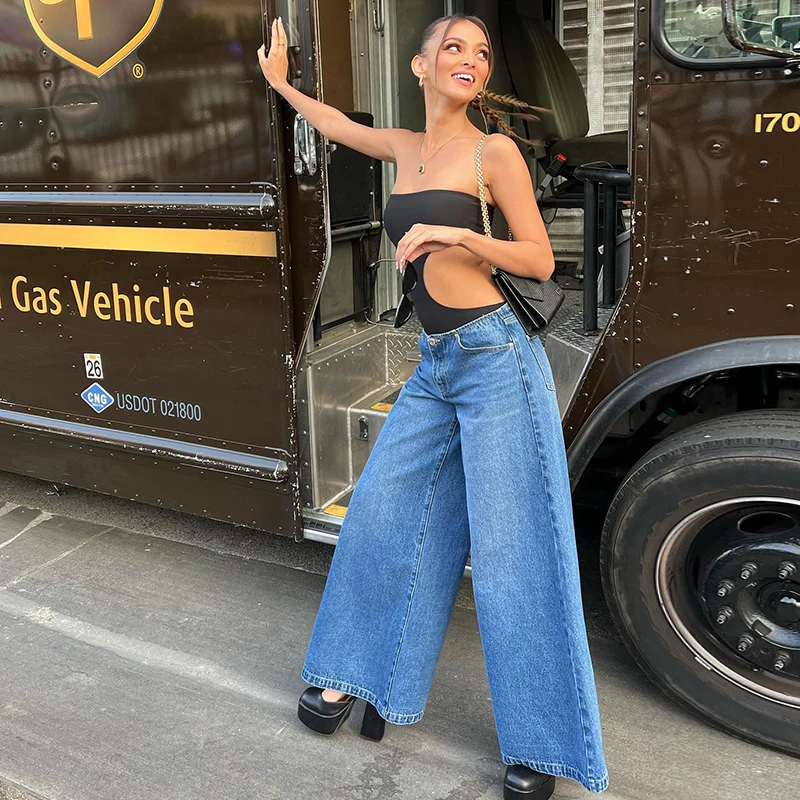 

Women Low Waist Baggy Jeans Straight Wide Leg Denim Pants Y2k Cargo Trousers with Pockets Vintage Girl Streetwear
