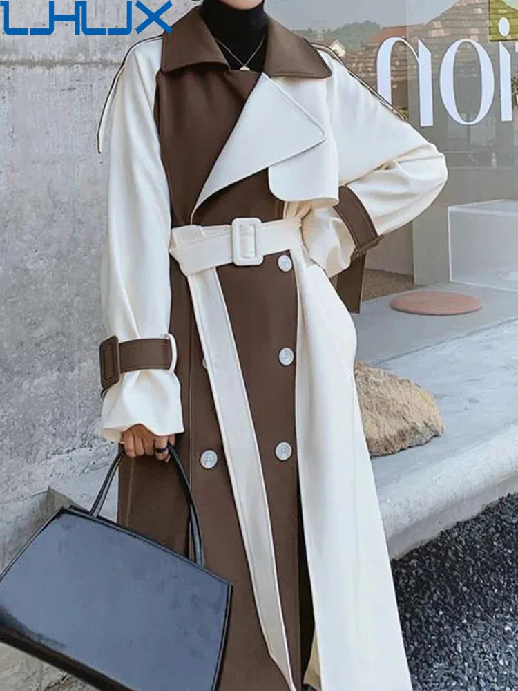 

LJHLJX Women Color Block Trench Coat Double Breasted Patchwork 2024 Spring Winter Female Fashion Streetwear Windbreaker AH111