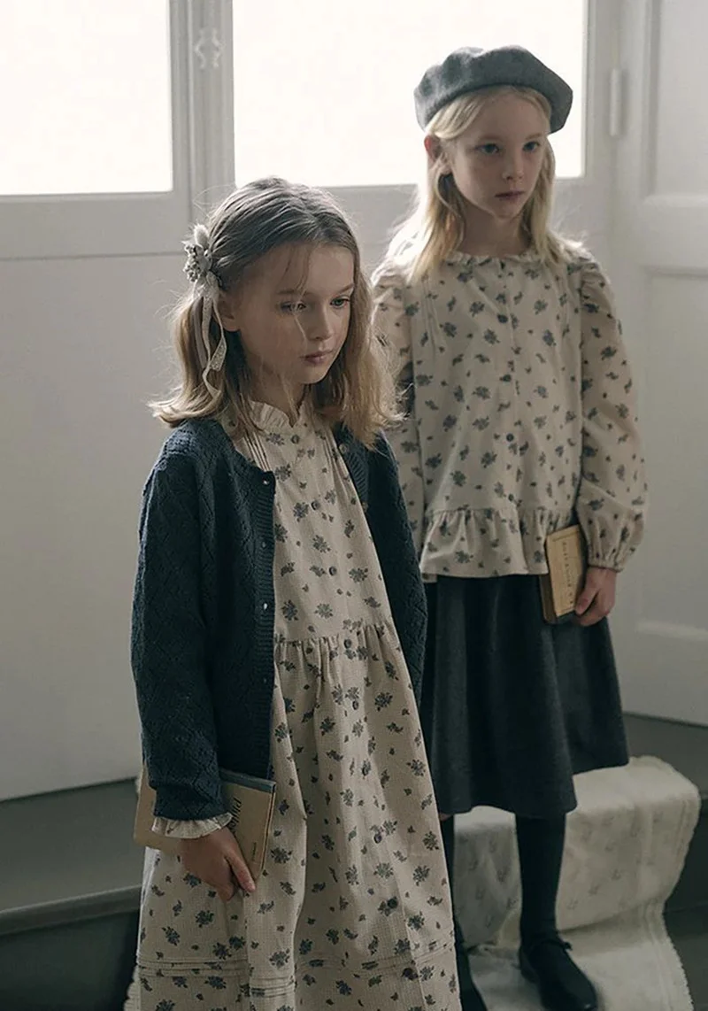 Lou Autumn Winter Long Sleeve Girls Dress Floral Striped Pricess Lace Dresses for Birthday Party