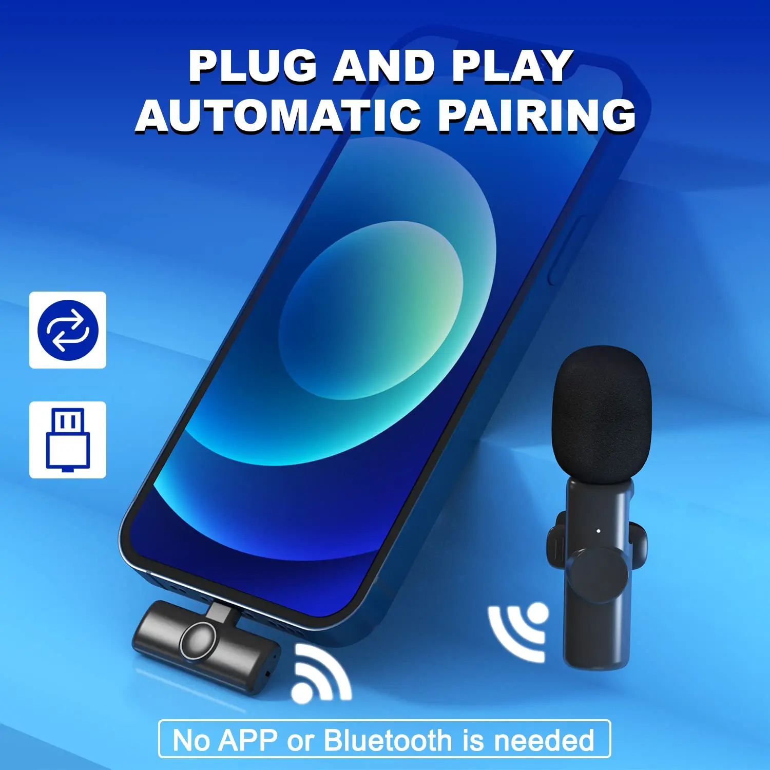 Wireless Lavalier Microphone Plug and Play Lapel Clip-on Mini Mic Automatic Noise Reduction Adjustable Reverb for Smart Phone bluetooth headphones with mic