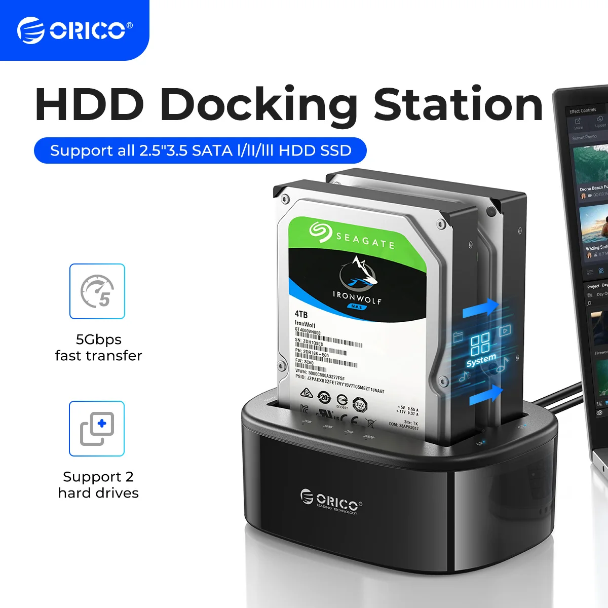 Docking Station Per Disco Rigido Orico Dual-Bay Per Docking Station Hdd Da 2.5/3.5 Pollici Hdd Ssd Da Sata A Usb 3.0 Con Adattatore Di Alimentazione 1