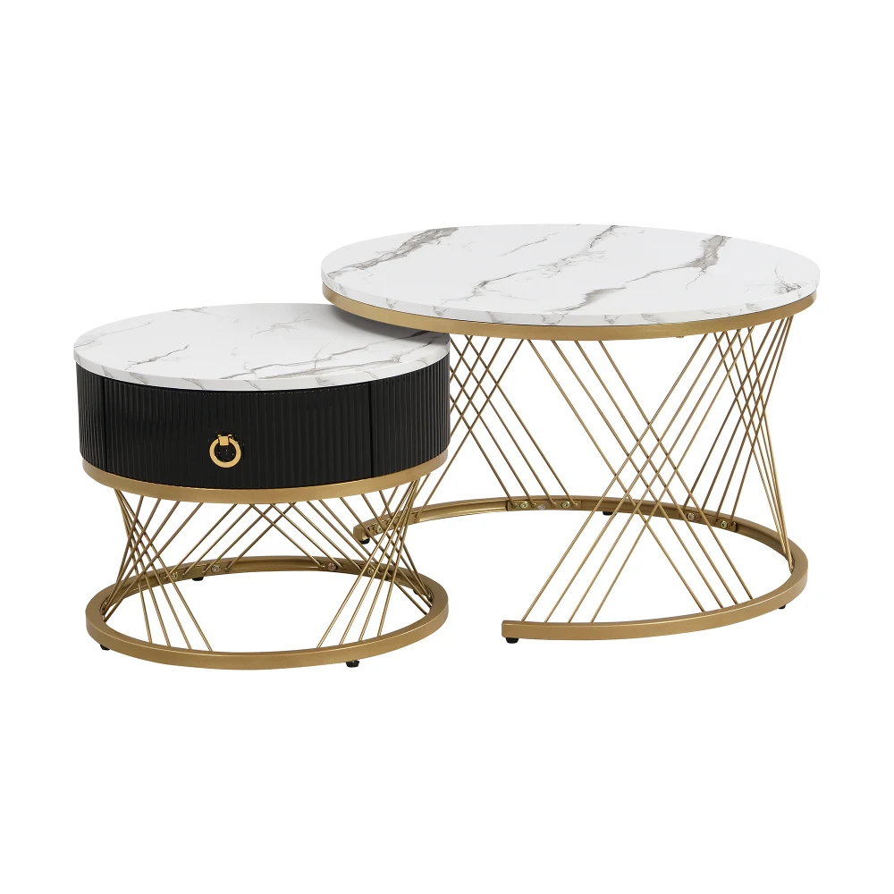 2-teiliges faltbares Couchtisch-Set – Platte aus Marmoroptik mit goldenen Akzenten, Beistelltische mit Schubladen, elegante kompakte Aufbewahrungsmöbel – Detail 20
