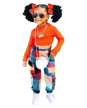 Qunq Girls' Spring Fashionable Solid Color Long Sleeved Top Plaid Leggings Two-piece Set 5