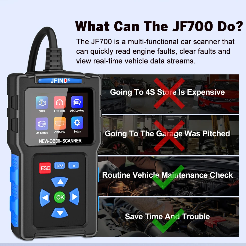 JFIND JF700 For VW OBD2 Car Scanner Engine Fault Code Reader Automobile Diagnostic Tool I/M Ready Tester Support Russian 6