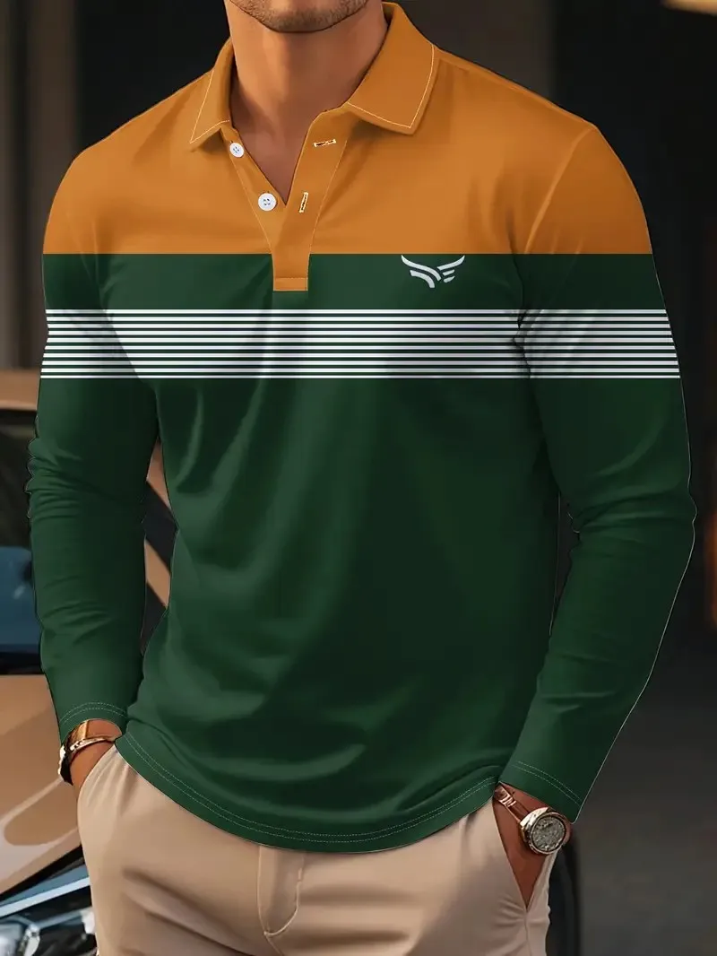 369Men’s long sleeve 3D striped breathable casual streetwear polo shirt