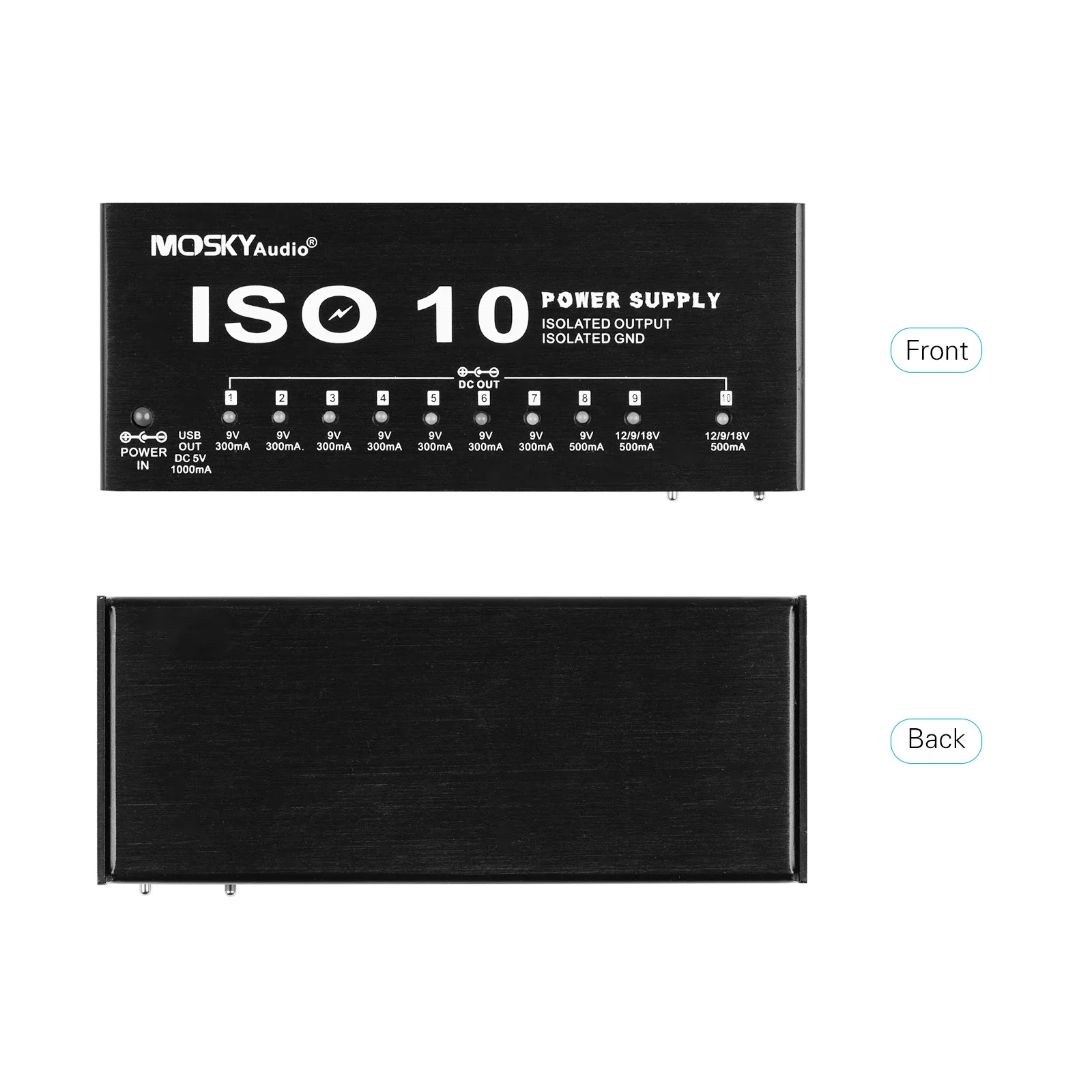 MOSKYAudio ISO-10 Portable Guitar Effect Power Supply Station 10 Isolated DC Outputs USB Output for 9V 12V 18V Guitar Effects